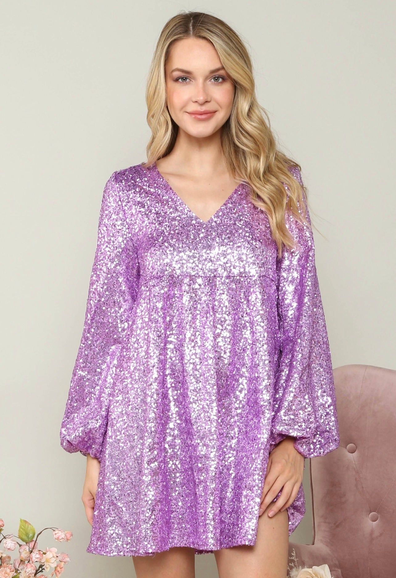 Lavender Festive Sequin Babydoll Dress