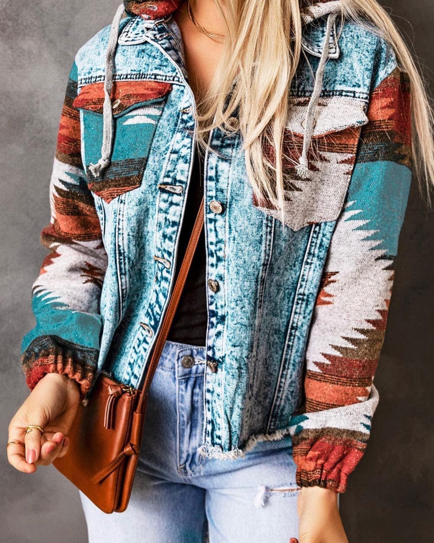 Denim jacket with aztec on sale print