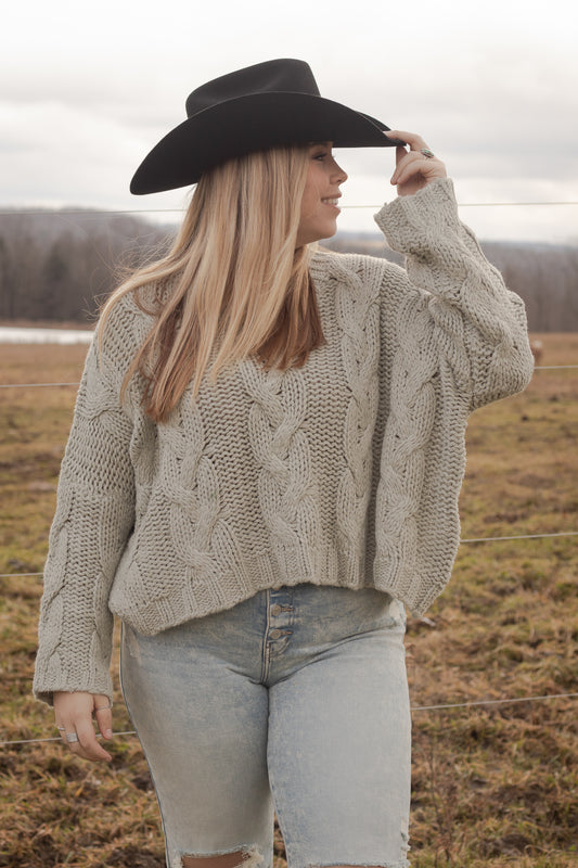 Grey Oversized Cropped Knit Sweater