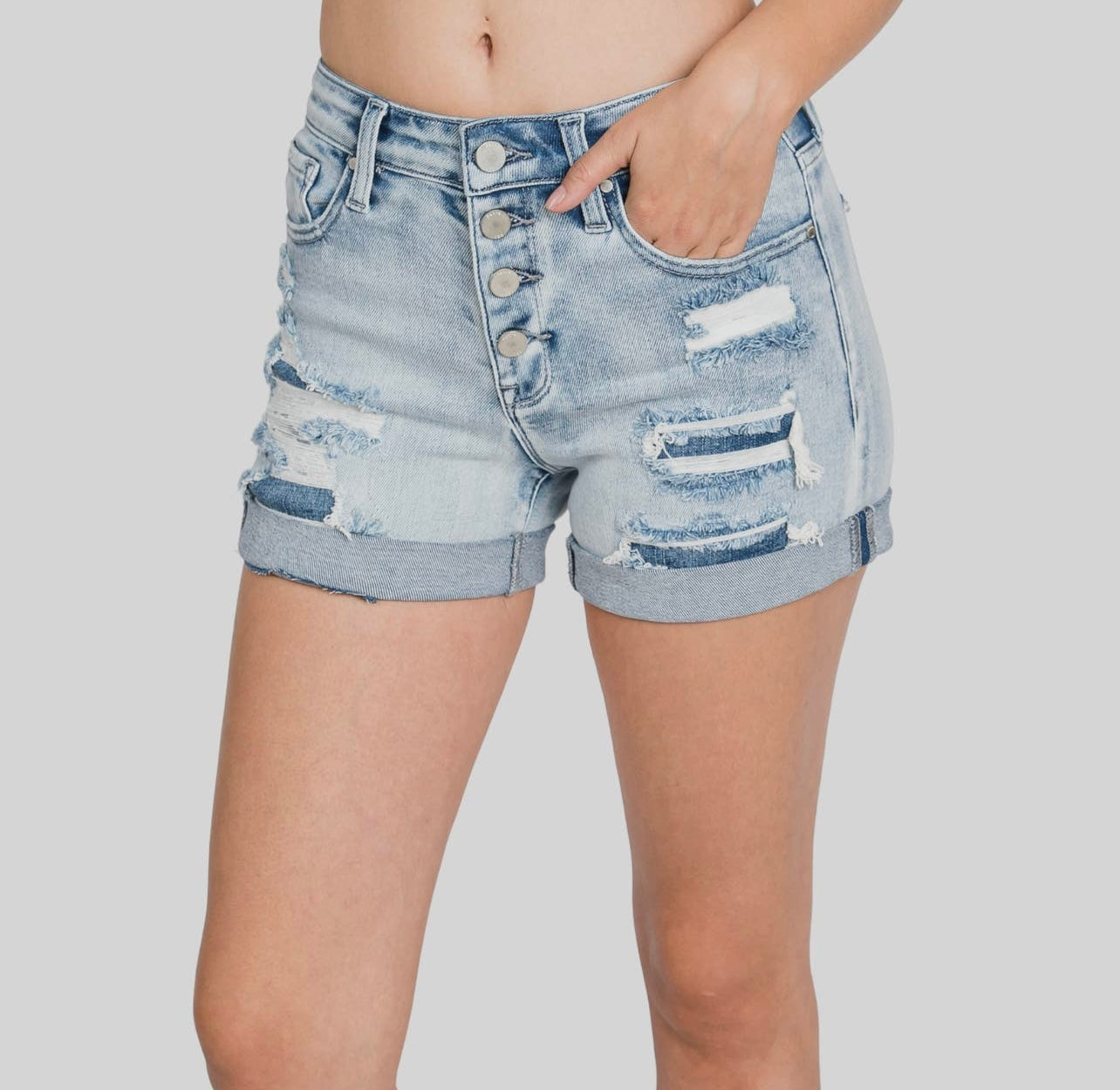 PETRA153 HIGH RISE PATCHED STRETCH SHORTS W/ DOUBLE CUFFED HEM