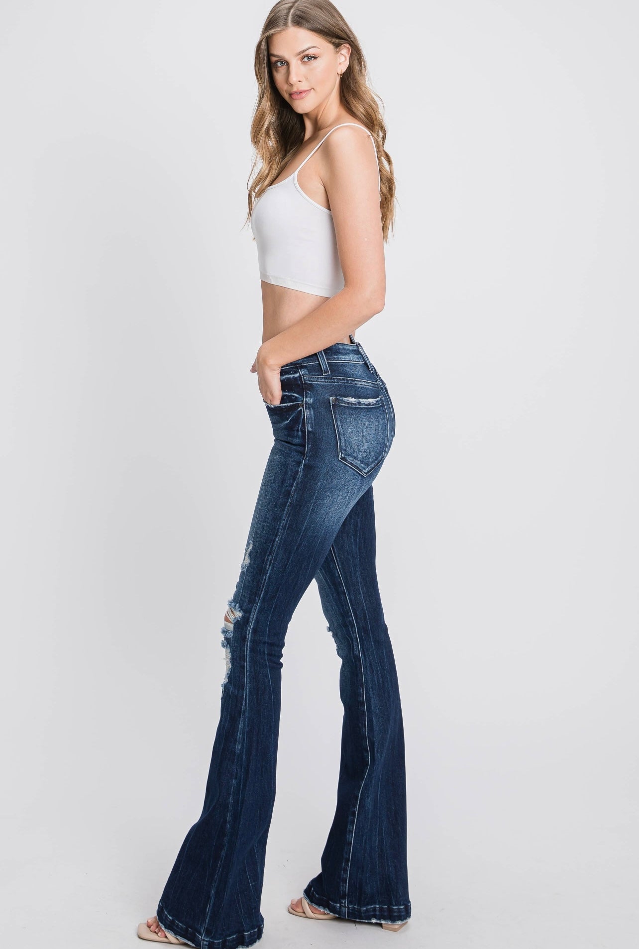 Petra153 Distressed Mid Rise Stretch Flare Jeans with Trouser Hem