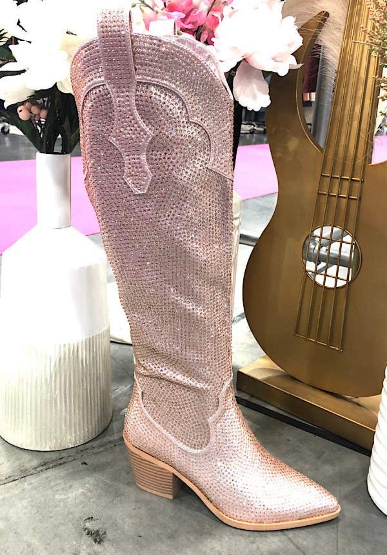 Nash Grey Pink Rhinestone Knee High Boots
