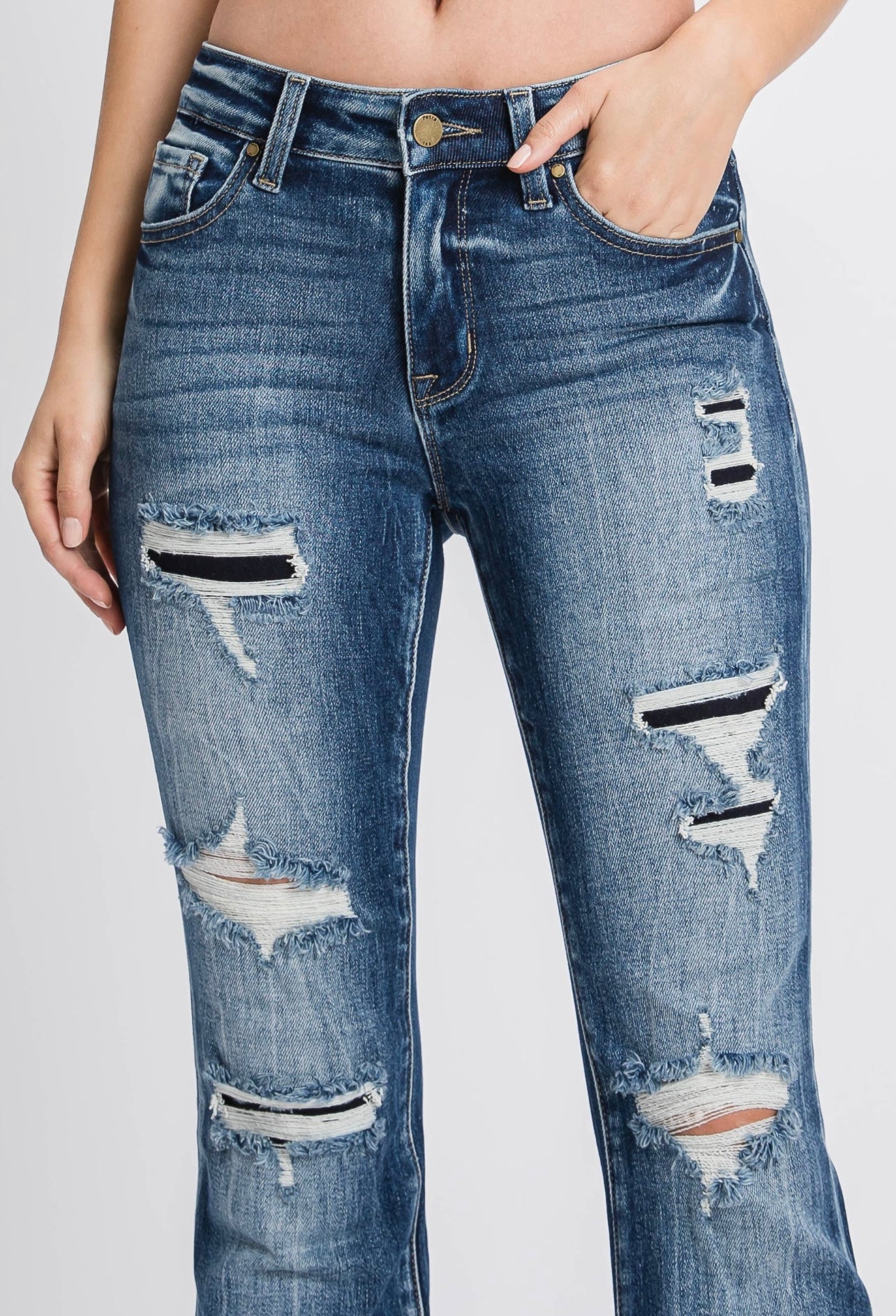 Petra153 Distressed Mid Rise Flare Jeans