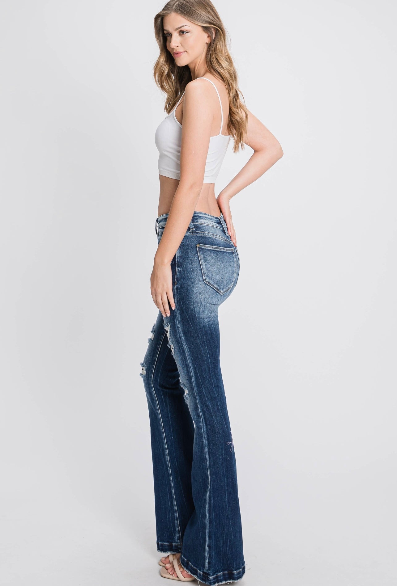 Petra153 Distressed Mid Rise Flare Jeans