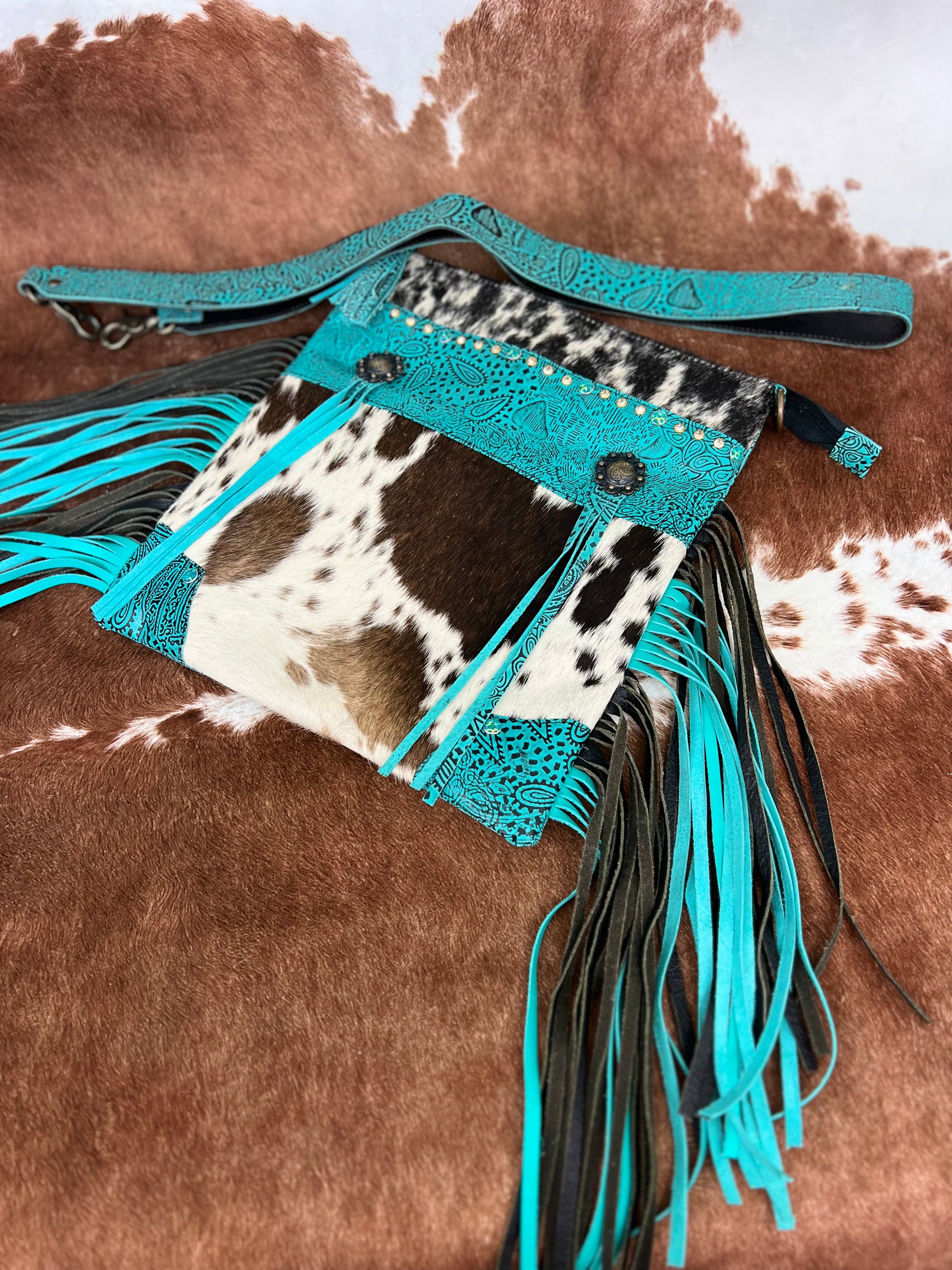 Cowhide fringe western turquoise crossbody